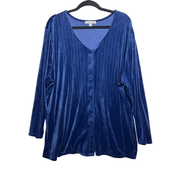 Woman Within Velour Pintuck Button Up Knit Tunic Top Blouse Blue V-Neck Size 2X - Picture 2 of 10